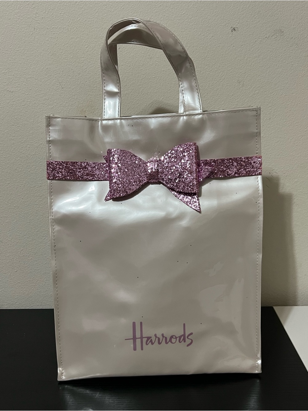 Harrods White Tote with Pink Glitter Bow Accent